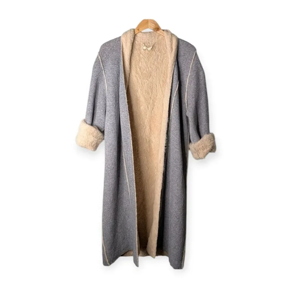 MOTH Anthro Blue Grey Cream Faux Fur Lined Long Sleeve Cardigan M L